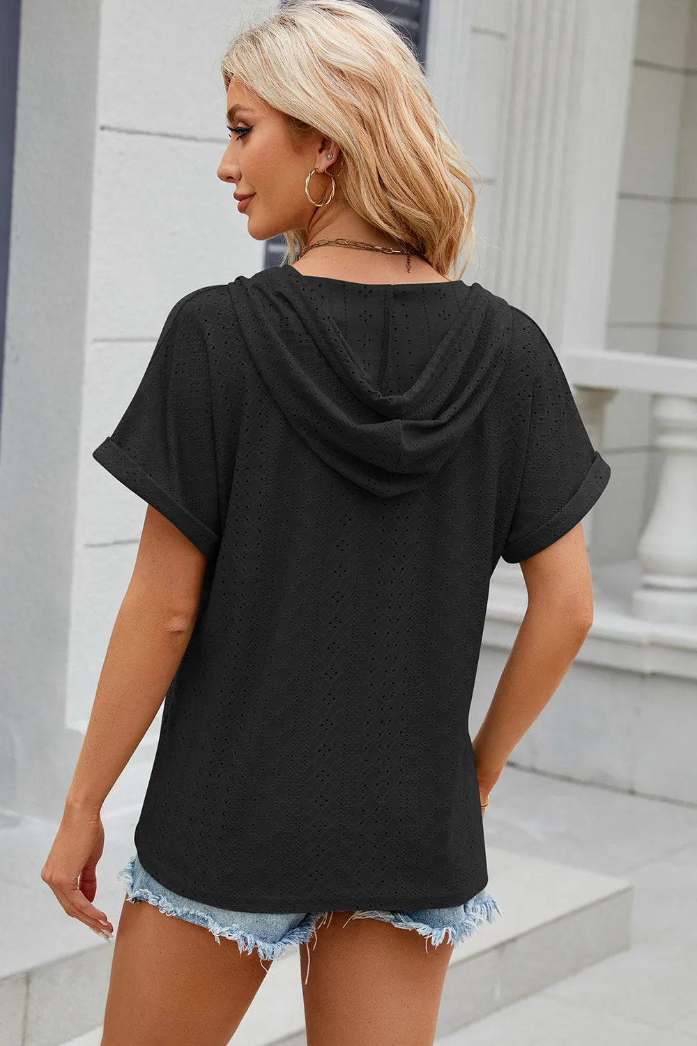 Eyelet Drawstring Hooded Short Sleeve Blouse (24)