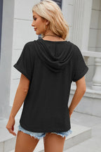 Eyelet Drawstring Hooded Short Sleeve Blouse (24)