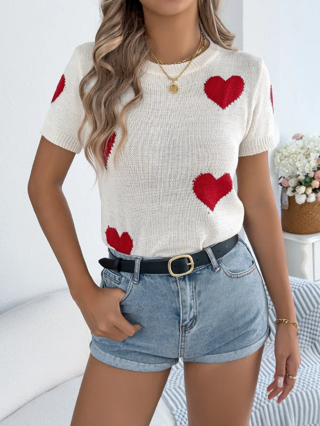 Heart Round Neck Short Sleeve Knit Top (3)