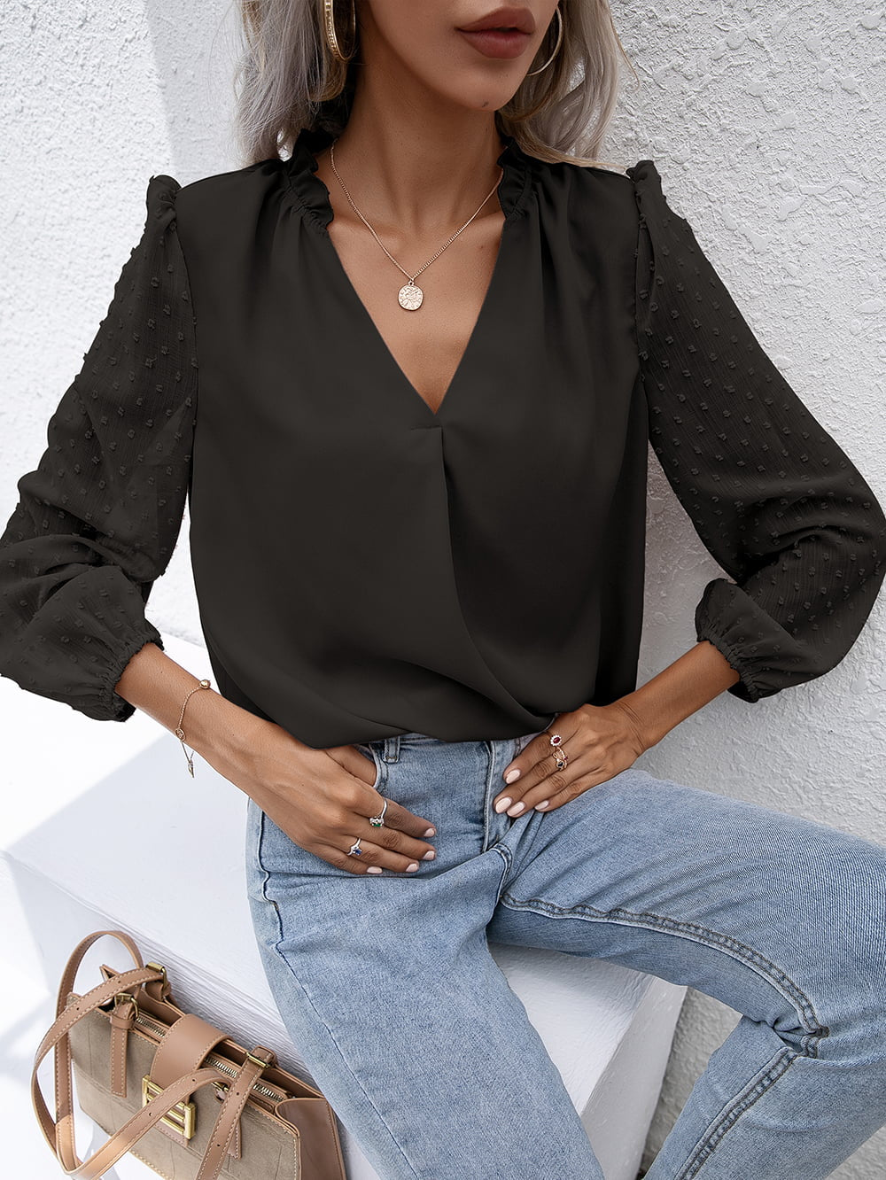 Swiss Dot Frill Trim Puff Sleeve Blouse (3)