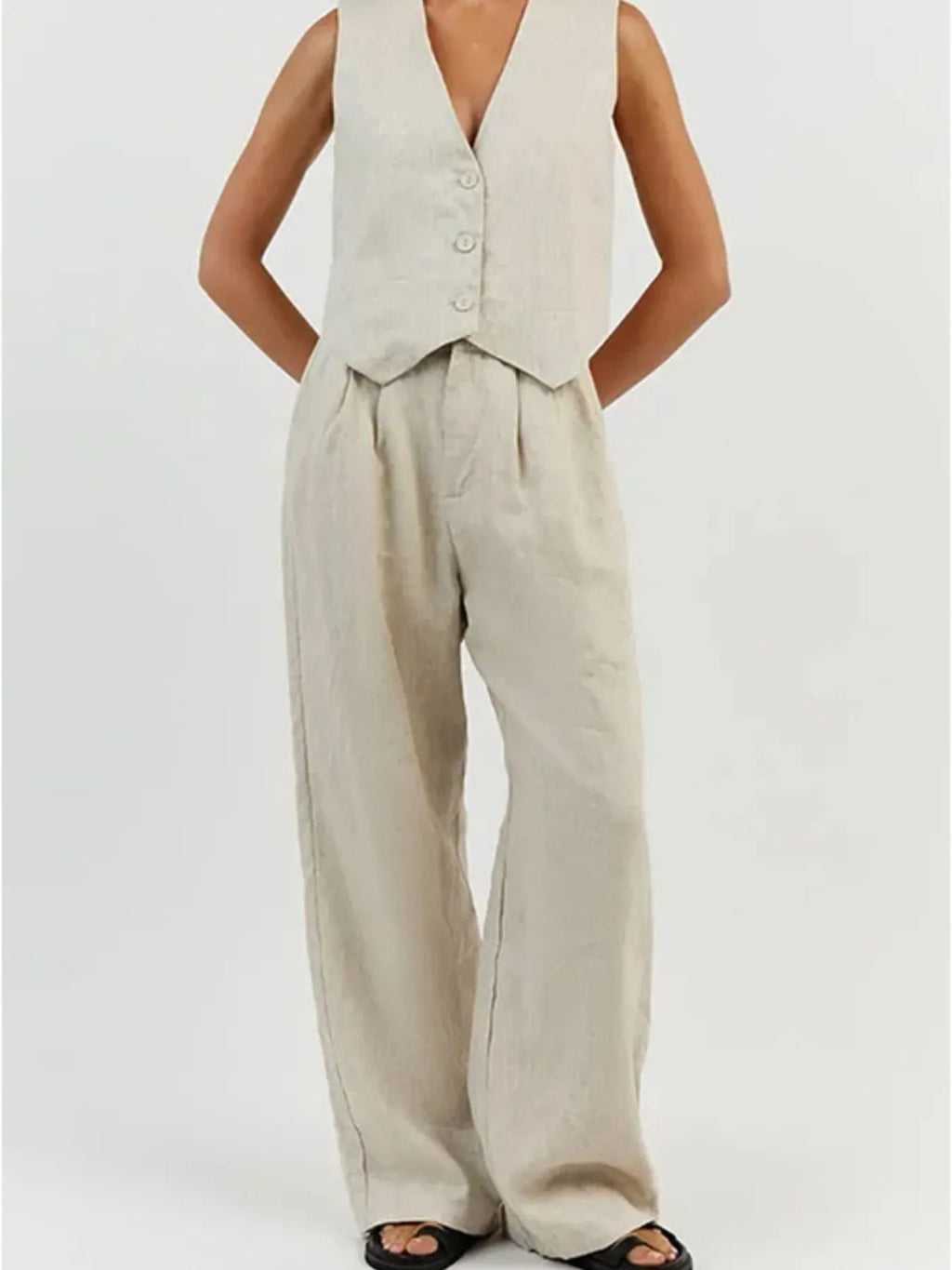 Full Size V-neck Vest Wide Leg Pants Set Plus
