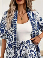 Printed Open Front Cardigan Shorts Set (2)