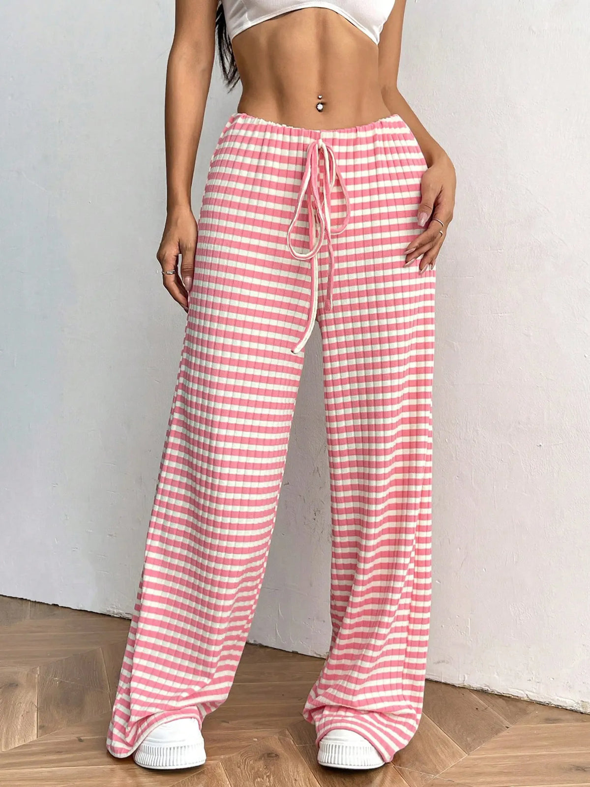 Striped Wide Leg Drawstring Pants (10)
