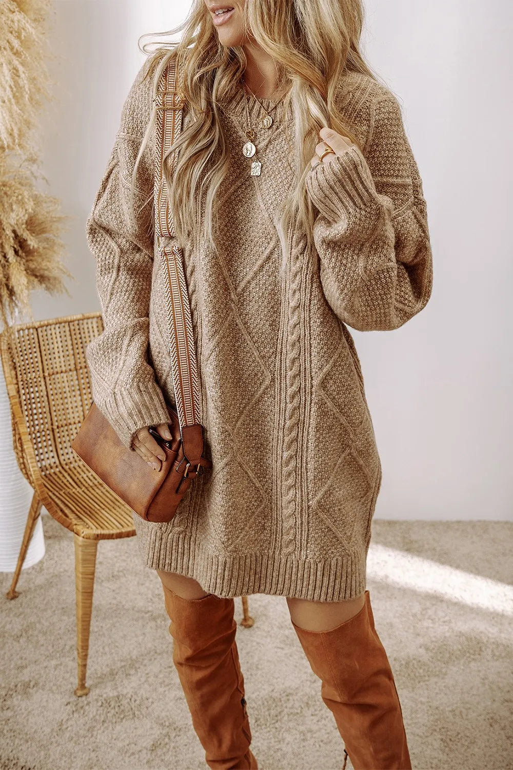Cable-knit Round Neck Sweater Dress (11)
