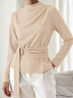 Mock Neck Blouse Waist-defining Metal Buckle Detail (4)