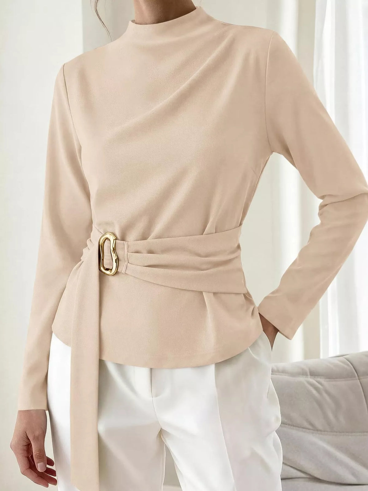 Mock Neck Blouse Waist-defining Metal Buckle Detail (4)