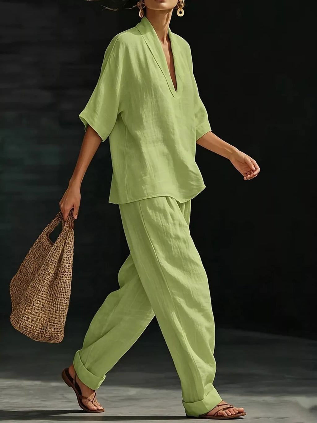 Full Size Half Sleeve Top Wide Leg Pants Set Plus (4)