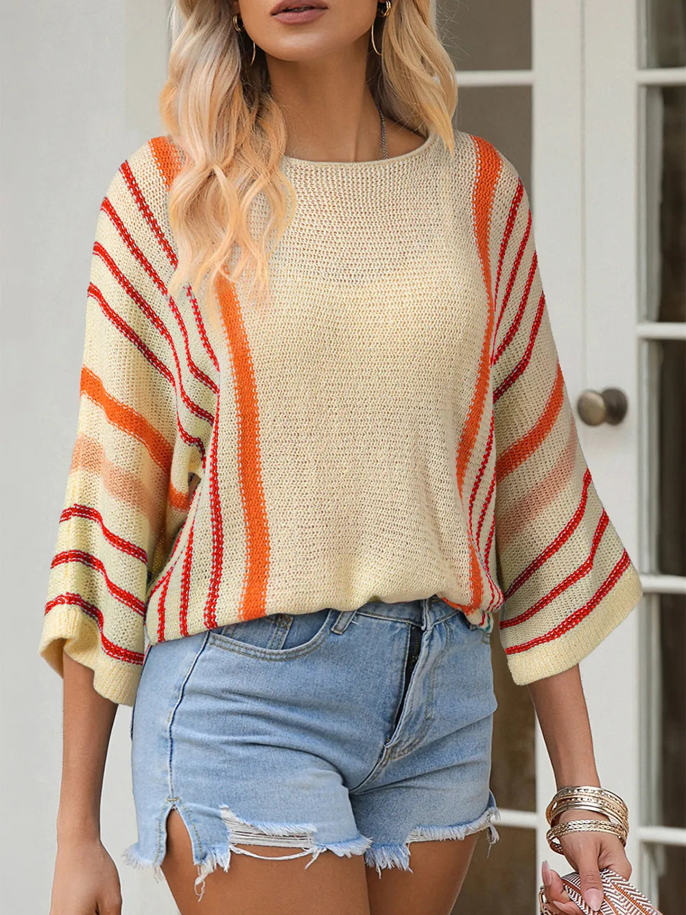Striped Boat Neck Three-quarter Sleeve Knit Top (7)