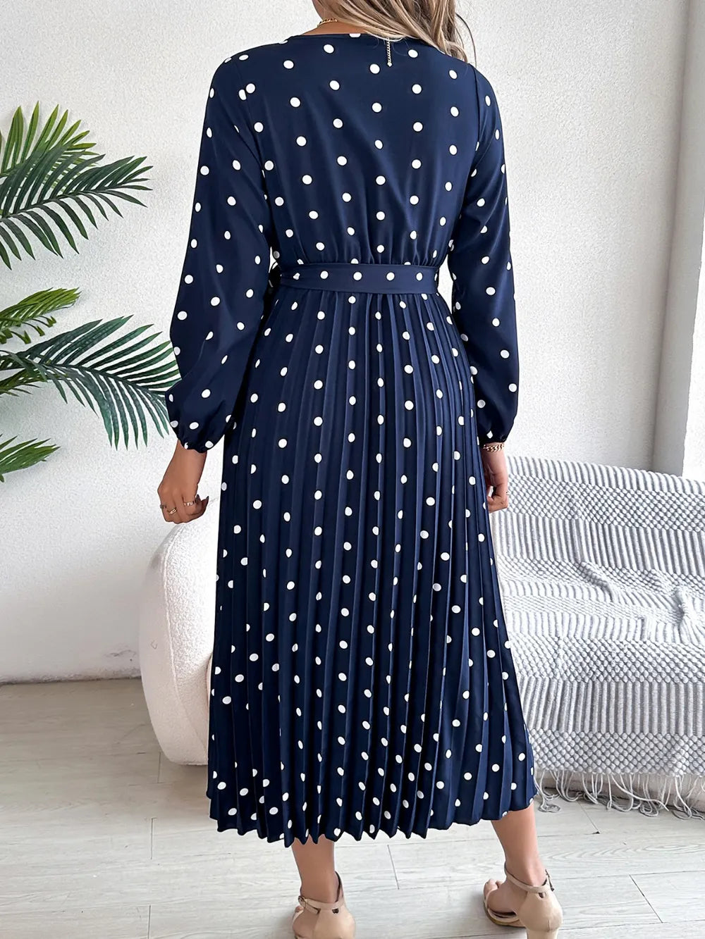 Tied Polka Dot Long Sleeve Midi Dress (14)