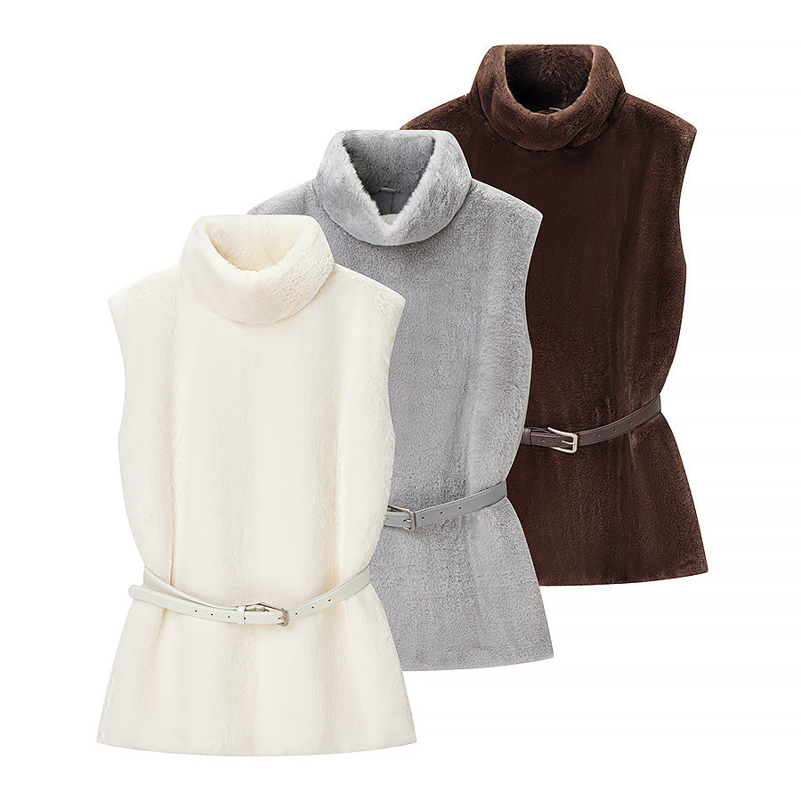 Casual Minimalist Waist Belt High Neck Fur Vest photo 1