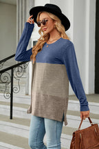 Block Round Neck Long Sleeve Slit T-shirt (5)