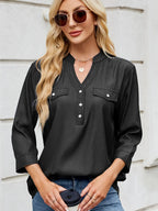 Notched Three-quarter Sleeve Denim Top
