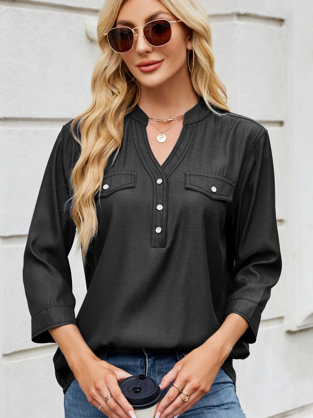 Notched Three-quarter Sleeve Denim Top