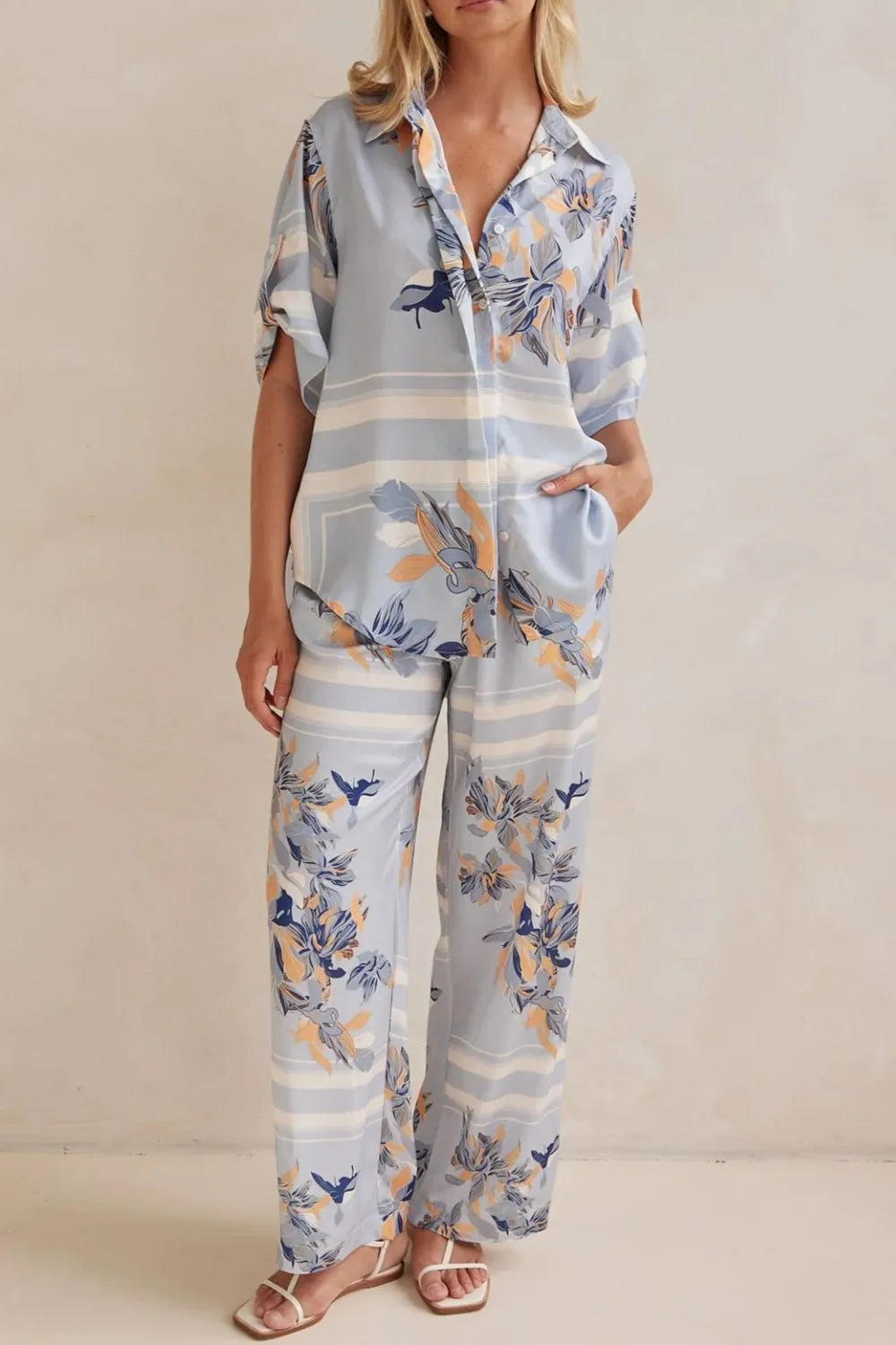 Printed Button Up Shirt Pants Set