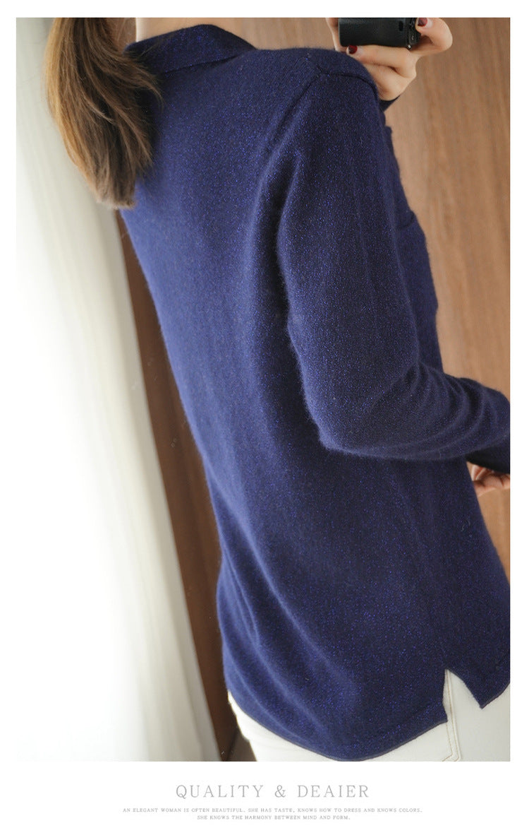Loose Lapel Solid Color Cashmere Cardigan Polo photo 2