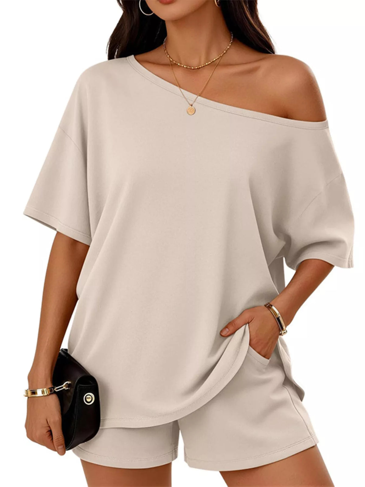 One-shoulder Short Sleeve Top Shorts Set (16)