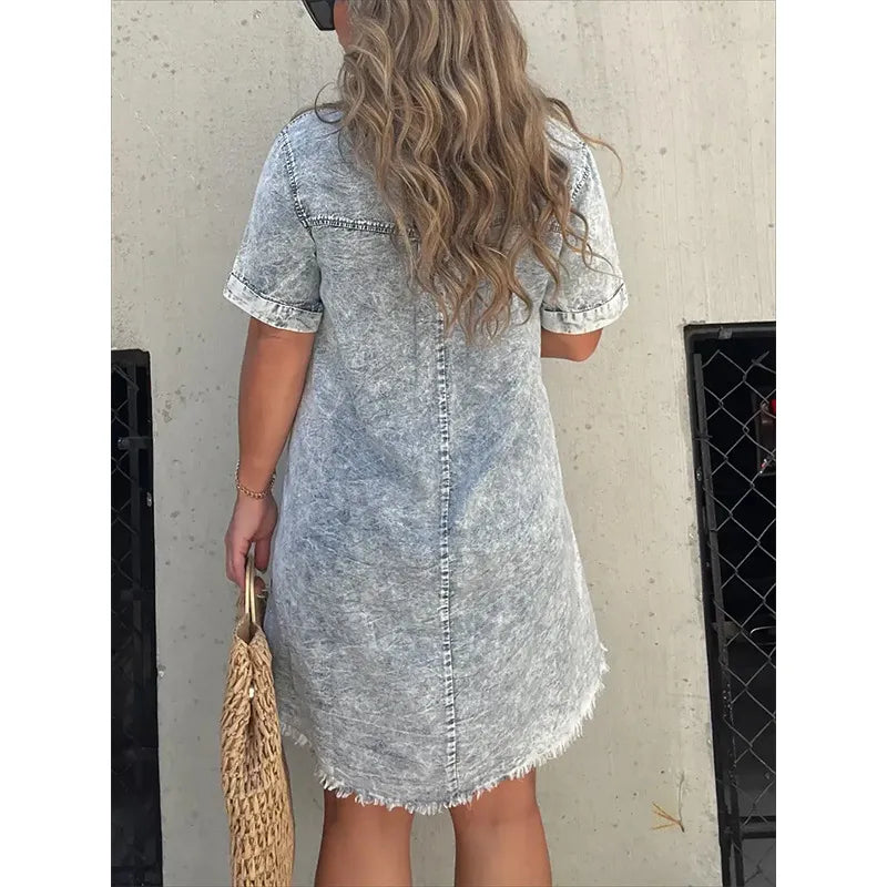 Full Size Raw Hem Short Sleeve Denim Dress Plus (7)