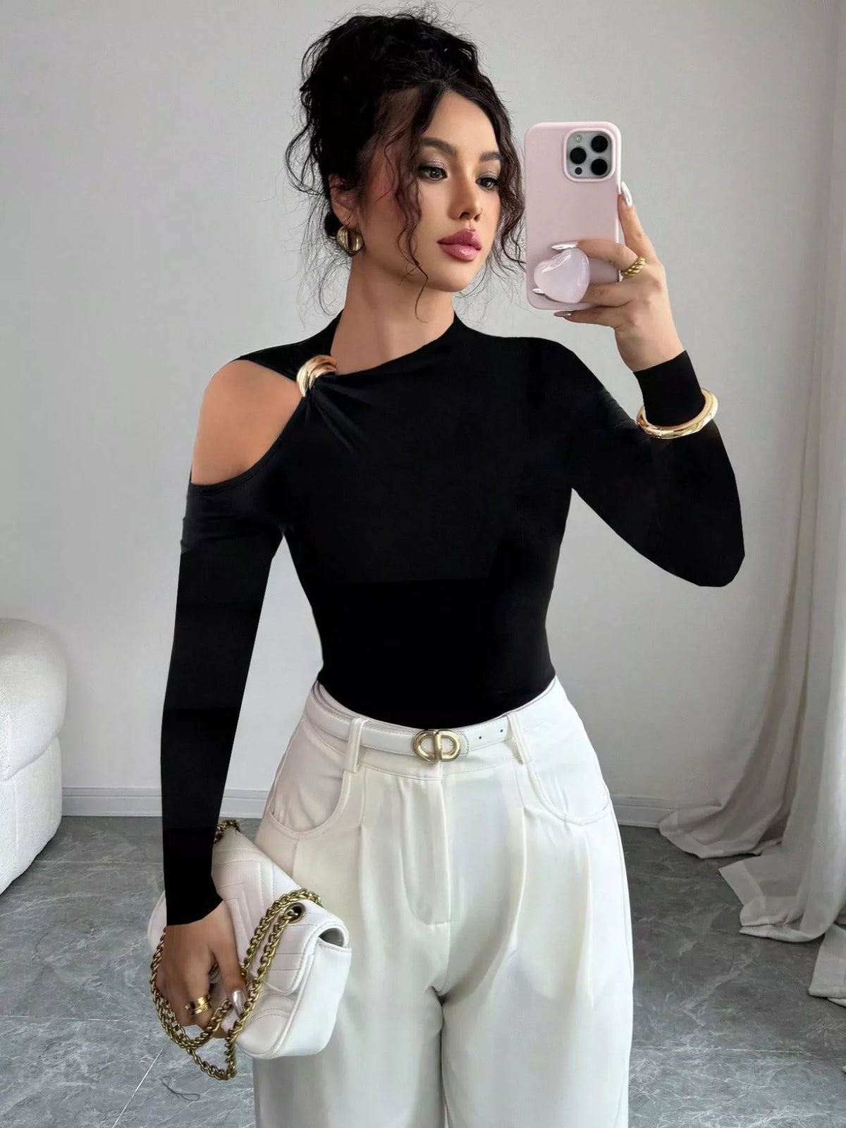 Cutout One-shoulder Long Sleeve T-shirt