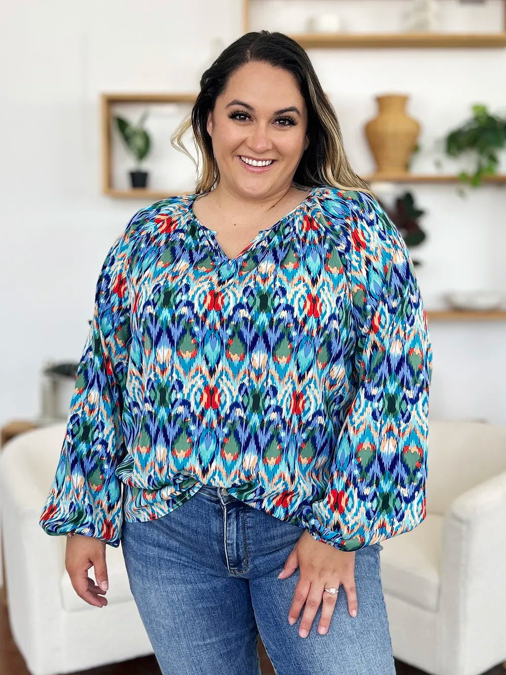 Full Size Printed Balloon Sleeve Blouse (10)