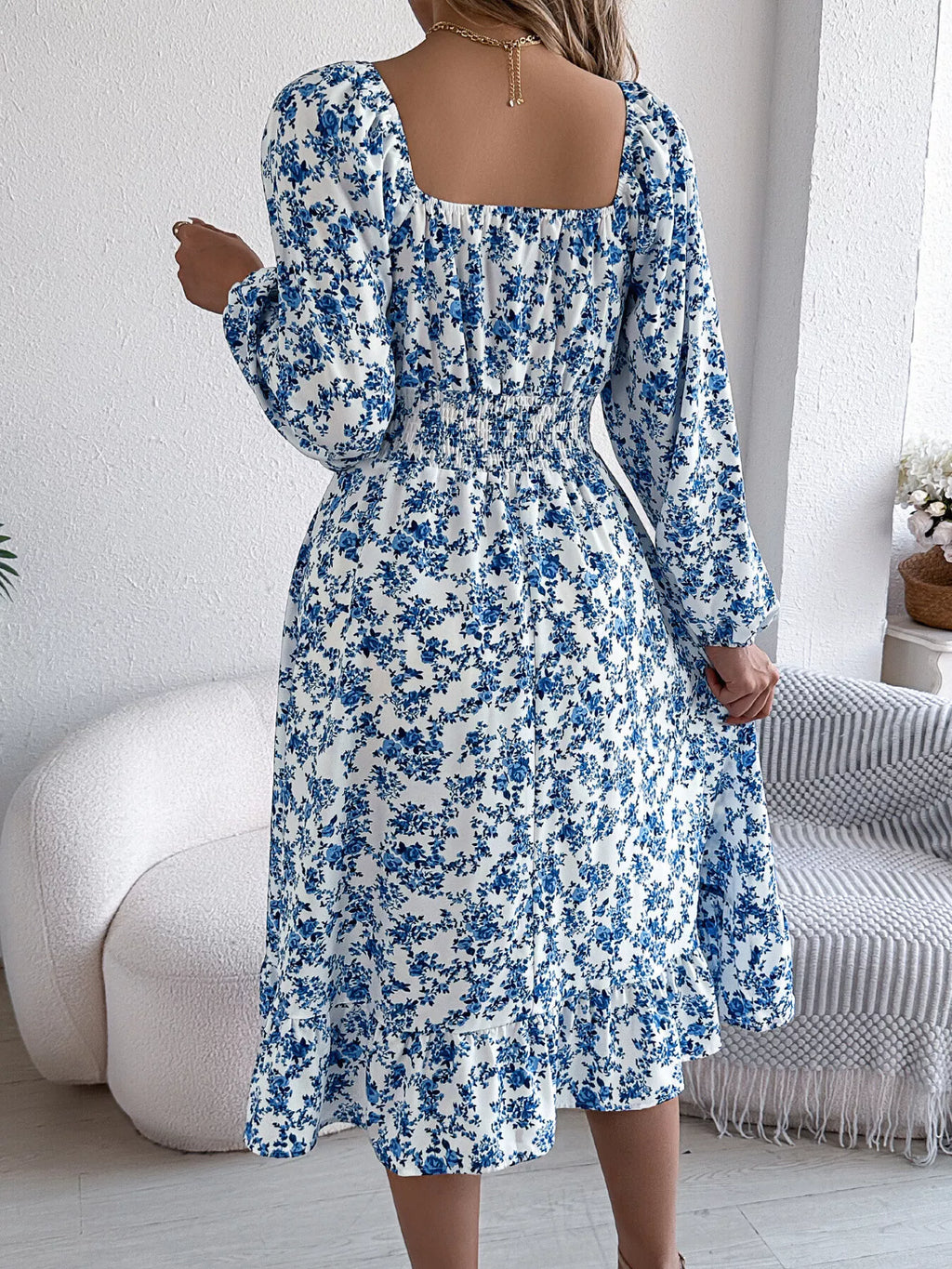 Floral Print Long Sleeve Square Neck Midi Dress (11)