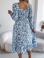 Floral Print Long Sleeve Square Neck Midi Dress (11)