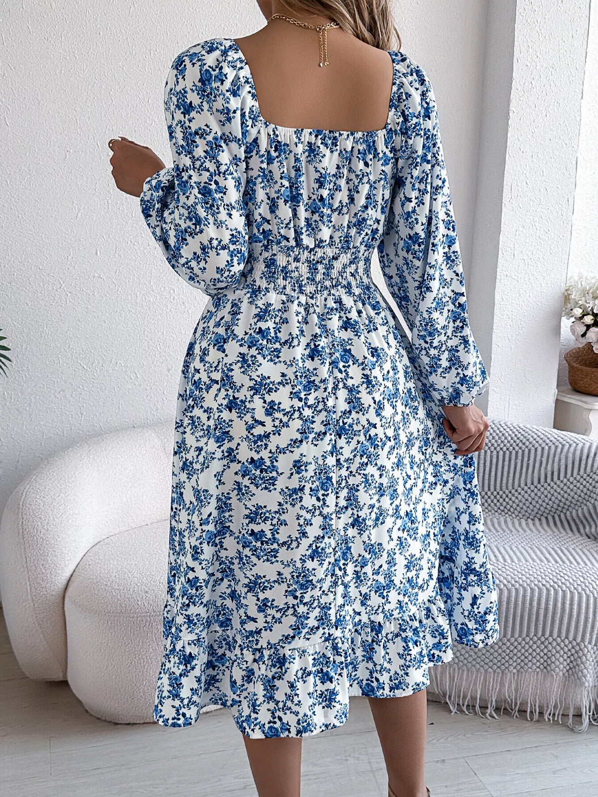 Floral Print Long Sleeve Square Neck Midi Dress (11)