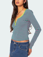 Buttoned Striped Long Sleeve T-shirt (23)