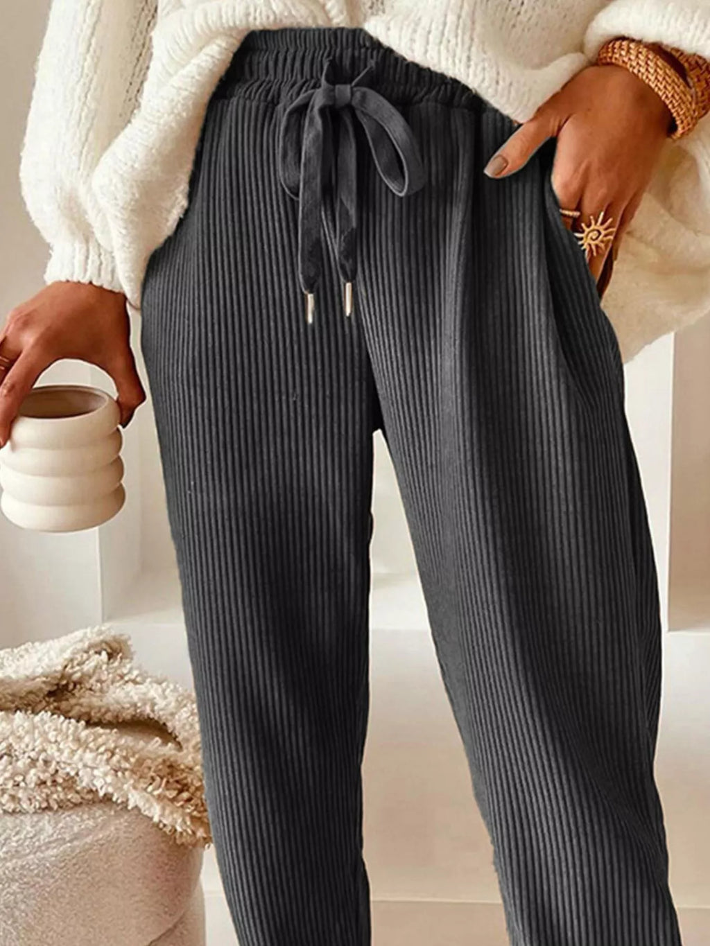 Casual Corduroy Drawstring Waist Pants (14)