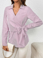 Bow Tie Waist Johnny Collar Neck Striped Blouse (4)