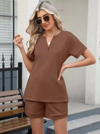 Solid Color Short Sleeve Top Shorts Two-piece Set (17)
