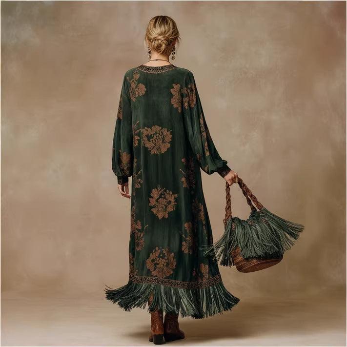Retro Silhouette-printed Green Faux-suede Fringed Maxi Dress photo 2