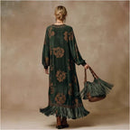 Retro Silhouette-printed Green Faux-suede Fringed Maxi Dress photo 2