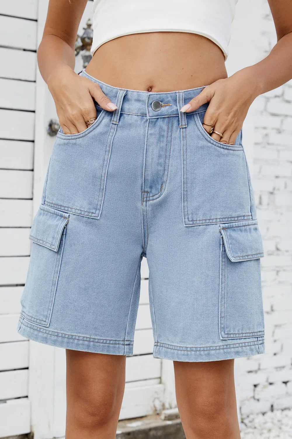 High Rise Denim Shorts Cargo Pockets (9)