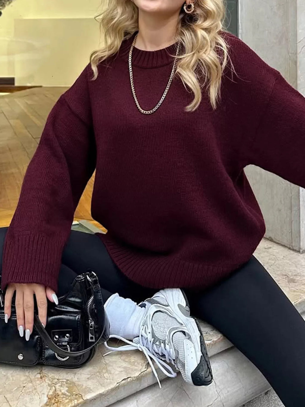 Ribbed Round Neck Dropped Shoulder Sweater (14)