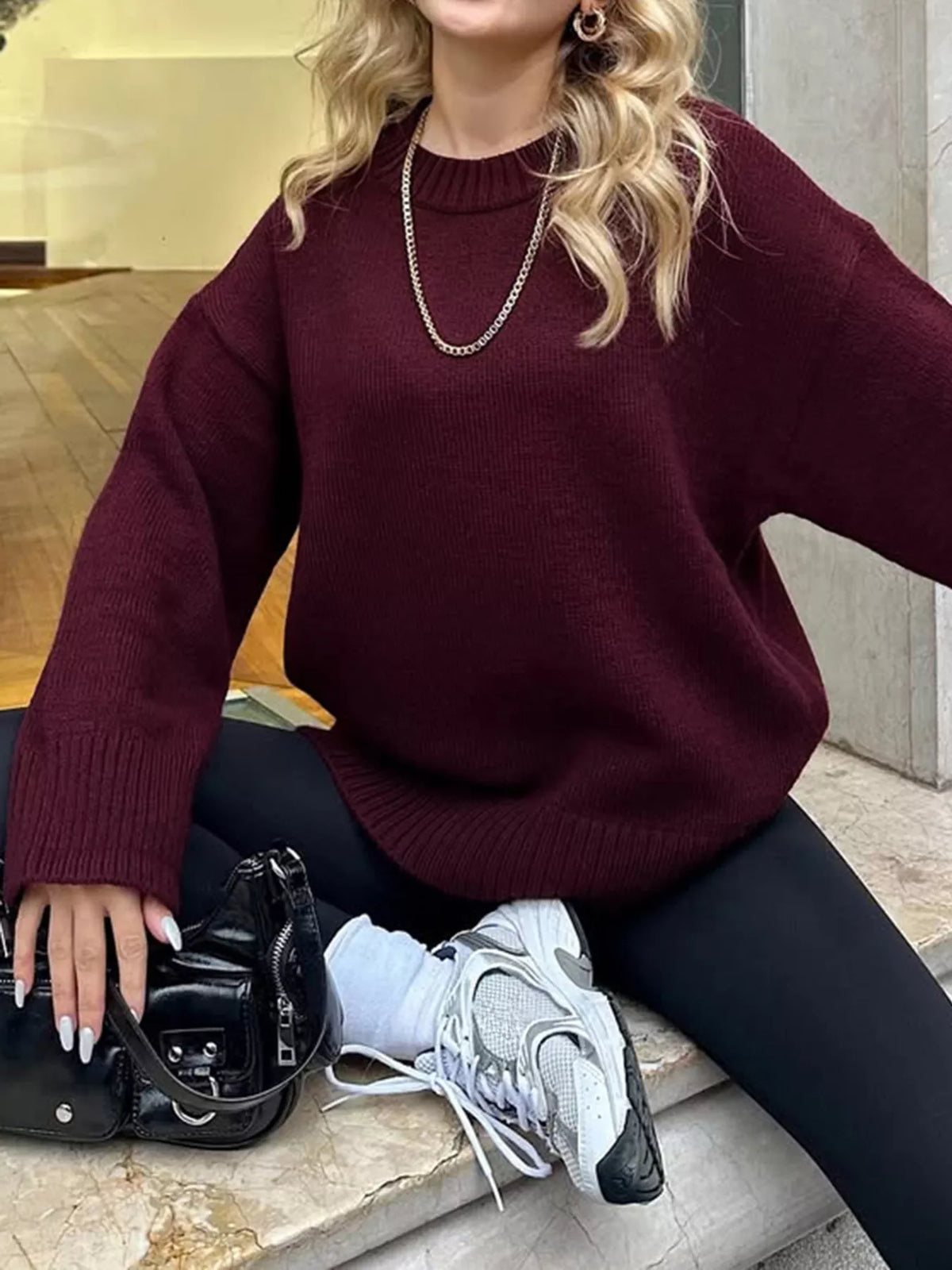 Ribbed Round Neck Dropped Shoulder Sweater (14)