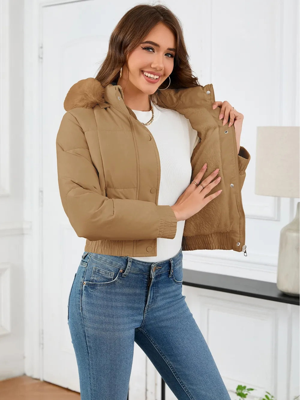 Pocketed Long Sleeve Cropped Hooded Winter Coat (5)