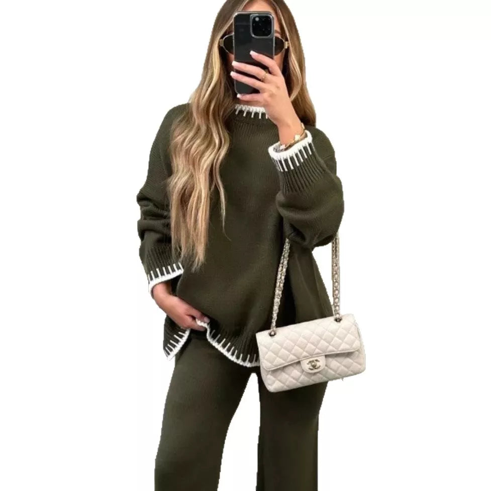 Contrast Trim Round Neck Top Pants Sweater Set (10)