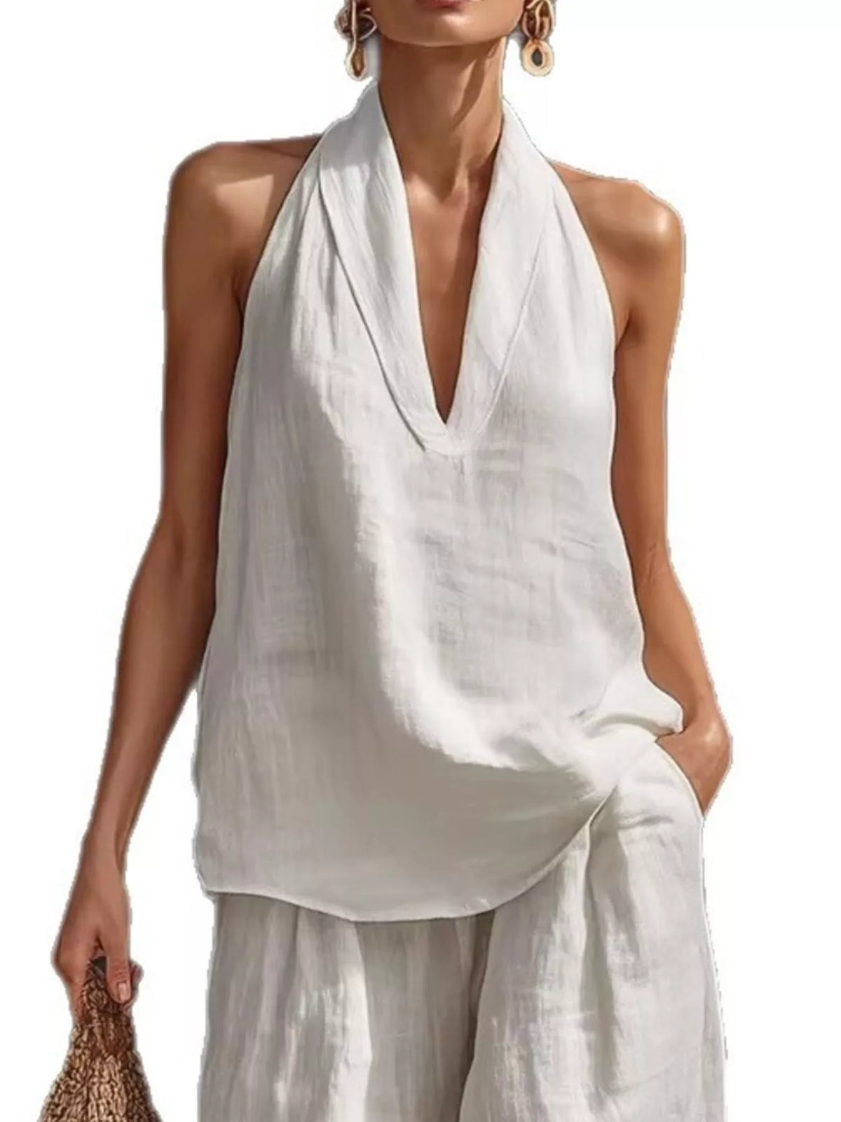 Full Size Halter Neck Top Wide Leg Pants Set Plus (2)