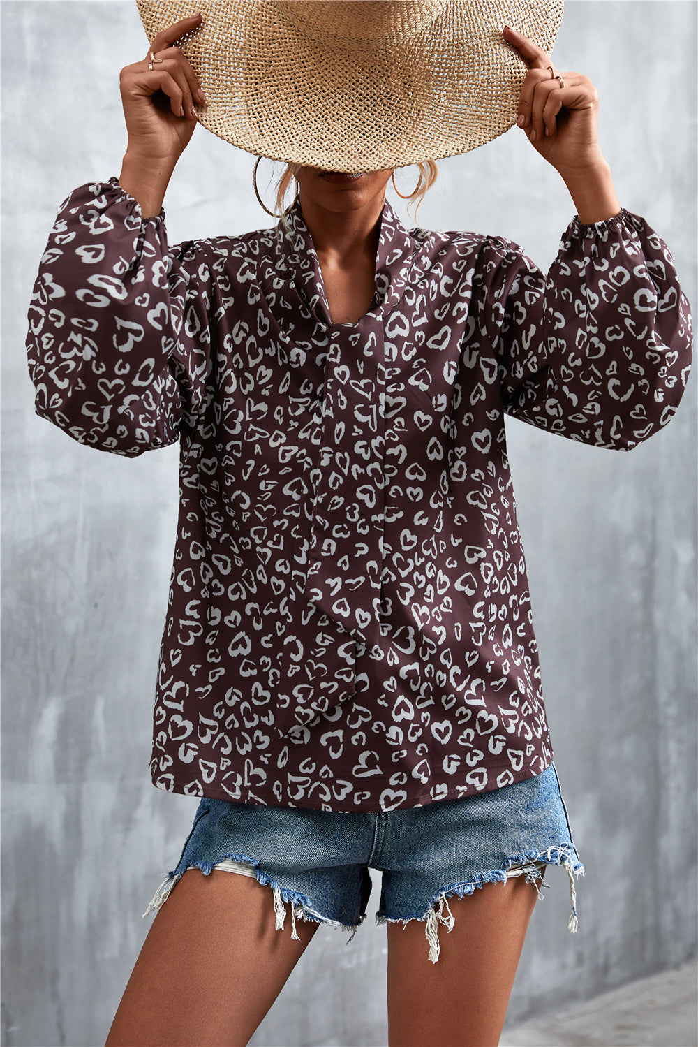 Printed Tie Neck Puff Sleeve Blouse (7)