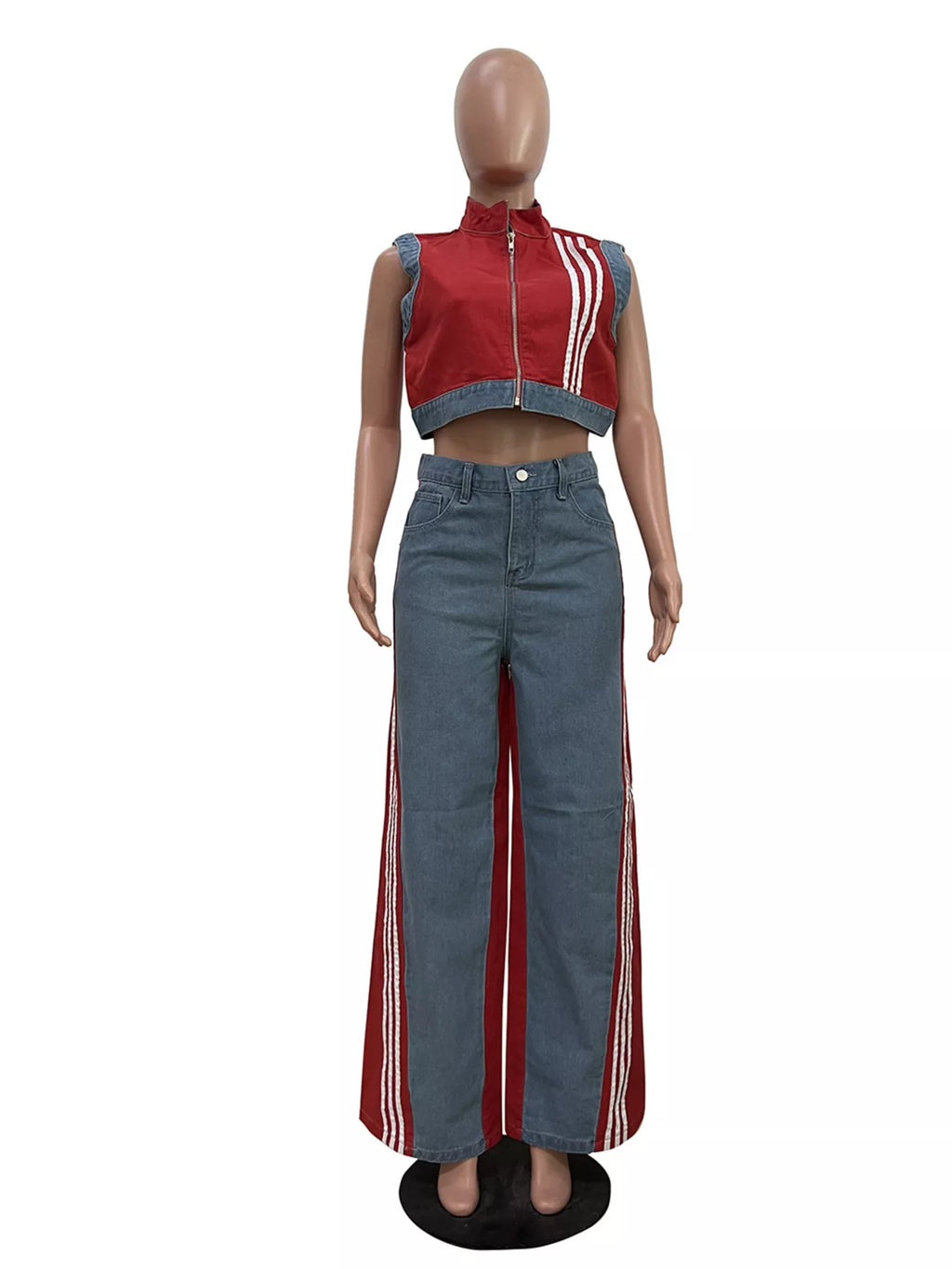 Zip Front Crop Top Striped Pants Set (12)