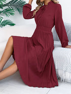Smocked Pleated Tie Neck Dress (7)