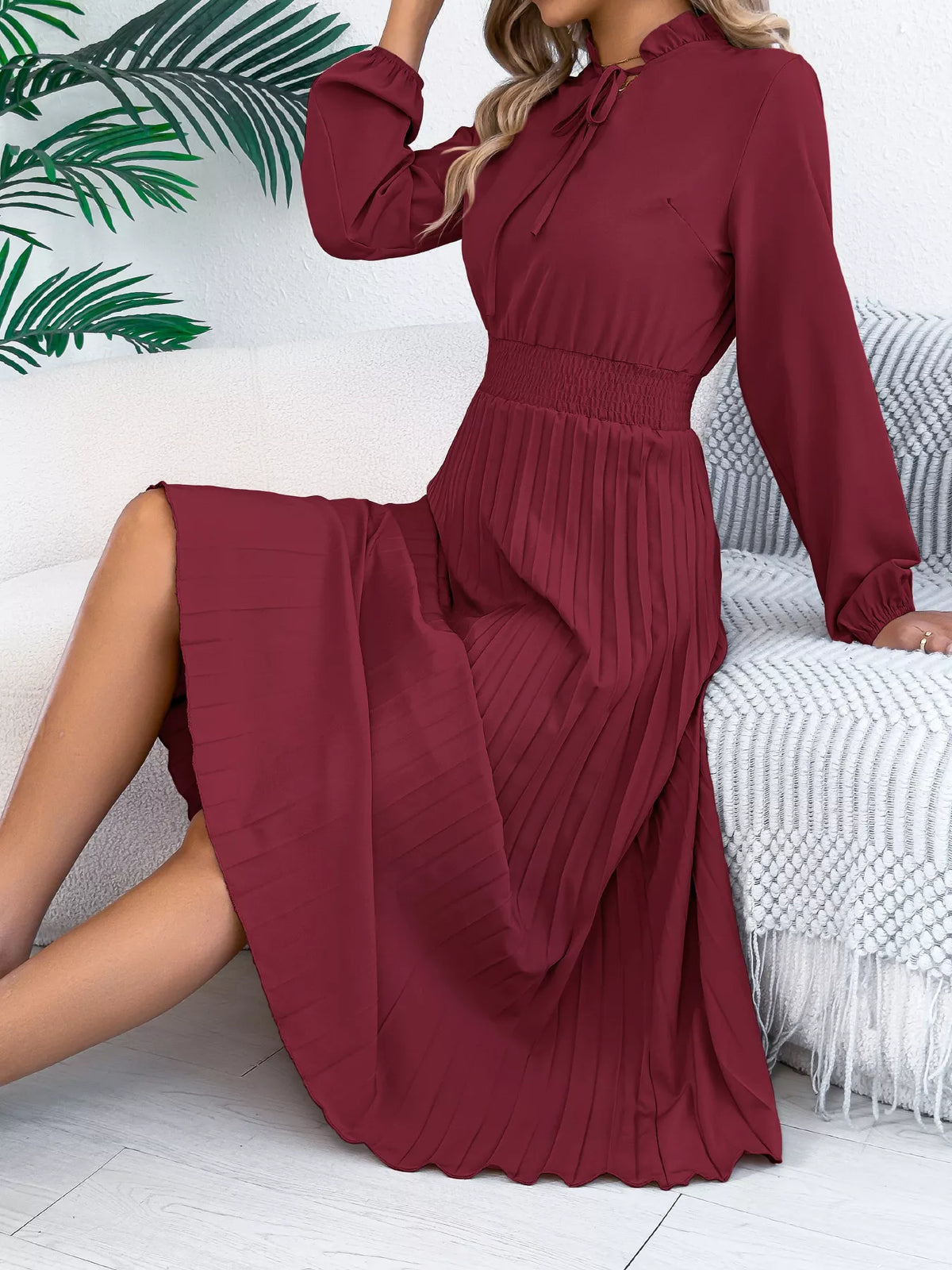 Smocked Pleated Tie Neck Dress (7)