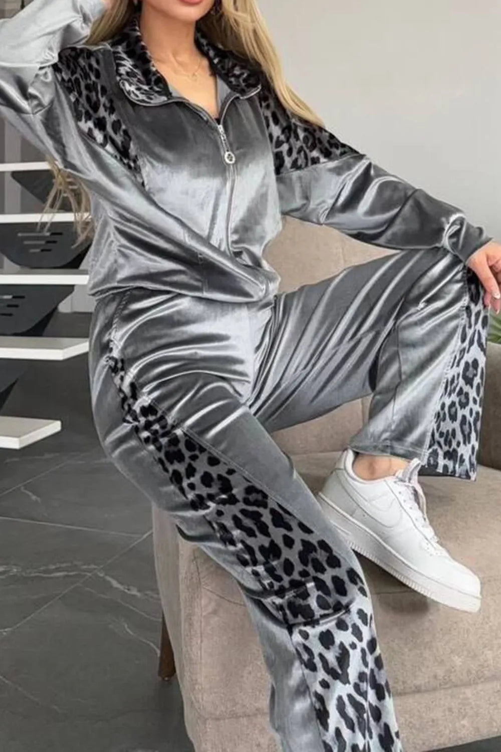 Full Size Collared Neck Leopard Zip Up Top Pants Set Plus (3)