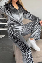 Full Size Collared Neck Leopard Zip Up Top Pants Set Plus (3)