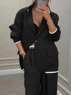 Full Size One Button Blazer Wide-leg Pants Set Plus (4)