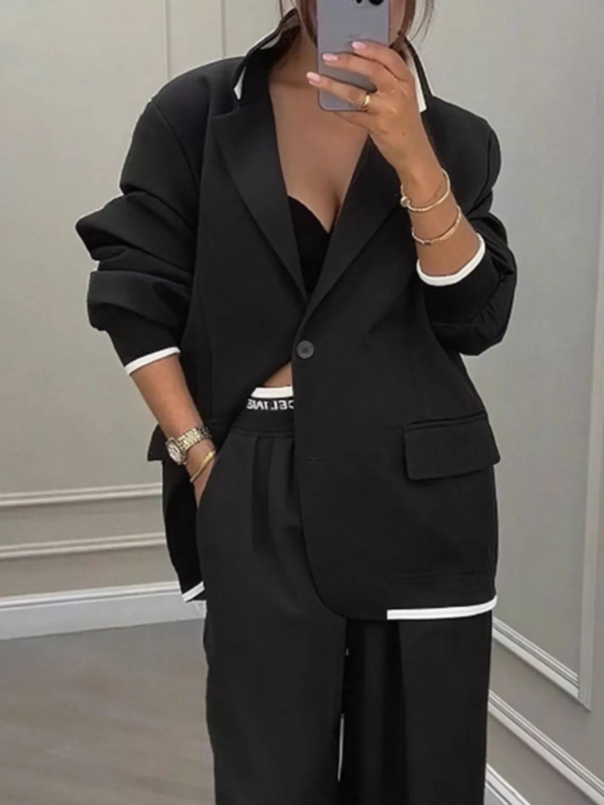 Full Size One Button Blazer Wide-leg Pants Set Plus (4)