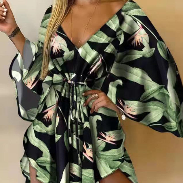 Printed V-neck Bell Sleeve Shirt Dress photo 1