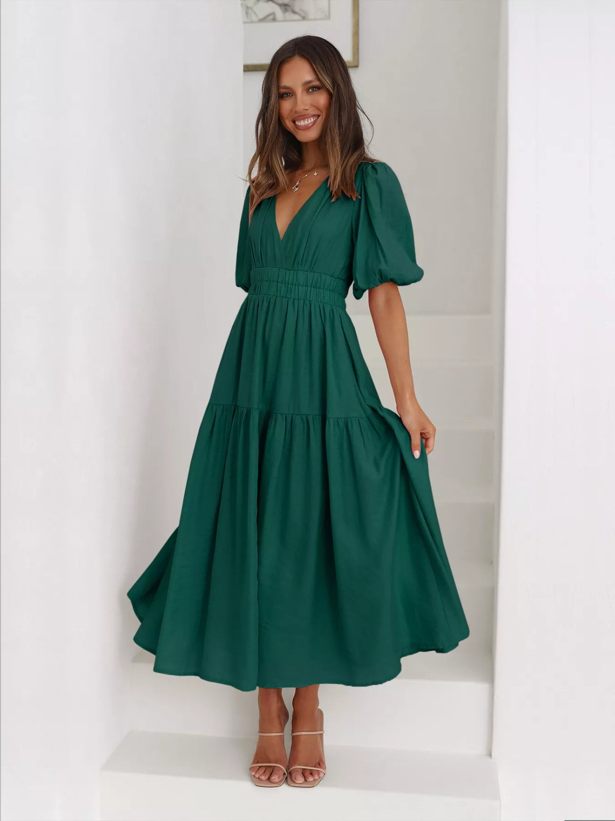 Tiered Puff Sleeve Midi Dress (7)