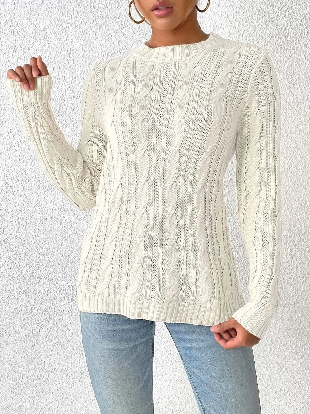 Cable-knit Round Neck Long Sleeve Sweater (9)