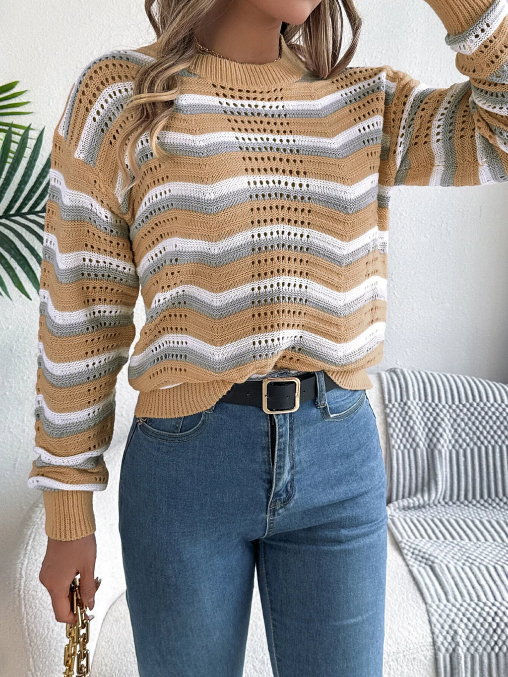 Striped Round Neck Long Sleeve Sweater (14)